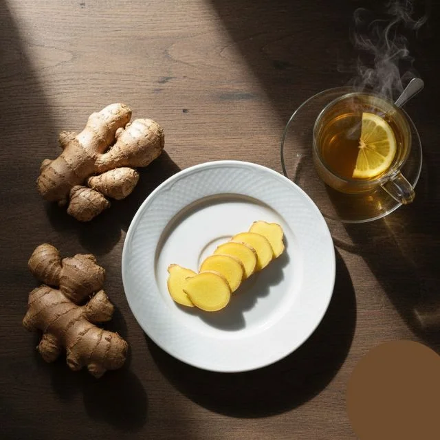 Fresh ginger root and ginger tea on a wooden table, representing the 16 health benefits of ginger.