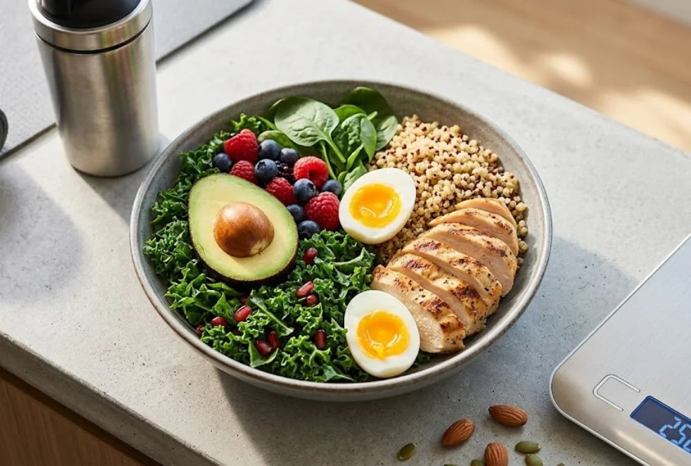A healthy plate showing the best foods for weight loss and muscle gain including eggplant and protein.
