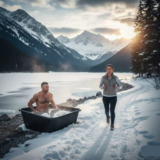 A man sitting in an outdoor ice bath while a woman runs on a snowy trail, illustrating the combination of cold exposure and exercise for weight loss.