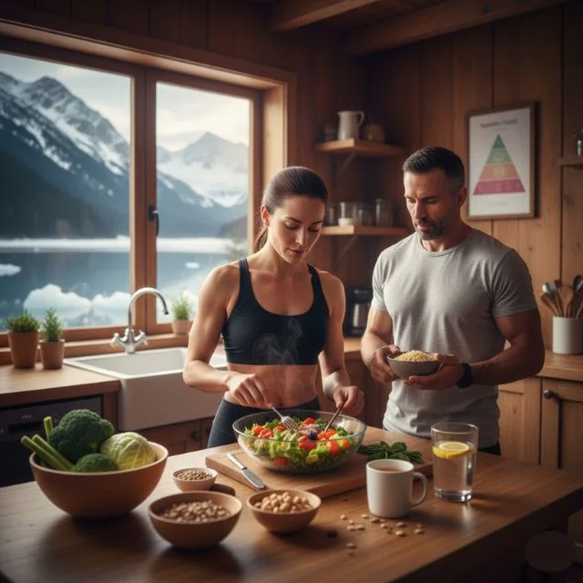 A man and a woman preparing a fresh vegetable salad in a cozy wooden kitchen with a view of snowy alpine mountains, representing healthy nutrition.