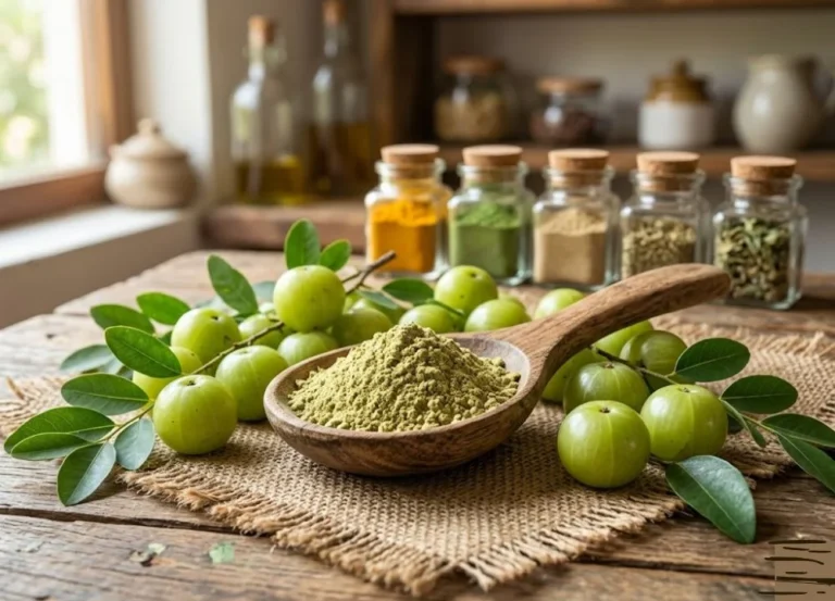 A rustic setup featuring a wooden spoon with finely ground Amalaki powder, surrounded by fresh Indian gooseberries. This visual guide highlights the natural source and the many benefits of Amalaki powder for daily health and immunity support.
