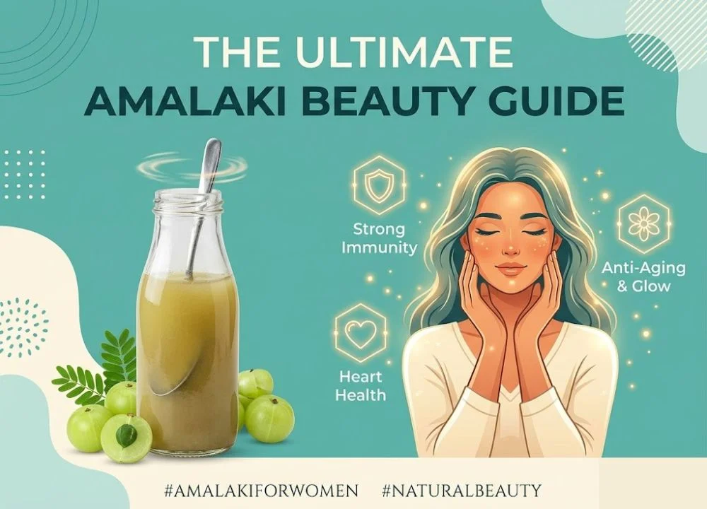 An informative beauty guide infographic titled 'The Ultimate Amalaki Beauty Guide,' illustrating a woman with glowing skin. The graphic explains the benefits of Amalaki powder, including strong immunity, heart health, and anti-aging properties for women’s wellness.