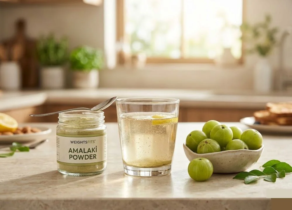 A morning wellness routine showing a glass of water mixed with Amalaki powder and a lemon slice, highlighting how easy it is to consume for health. A perfect lifestyle representation of the daily benefits of Amalaki powder for energy, digestion, and detoxification.
