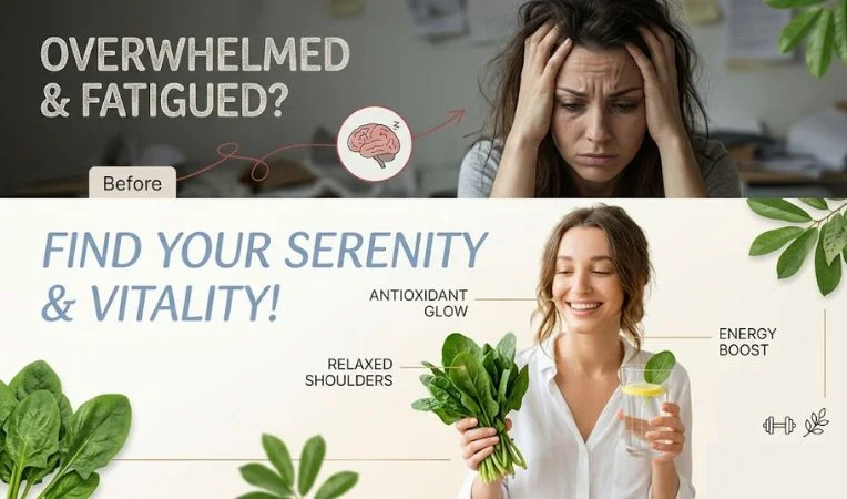 Before vs. After transformation of an exhausted woman finding energy and calm by eating spinach and drinking lemon water.
