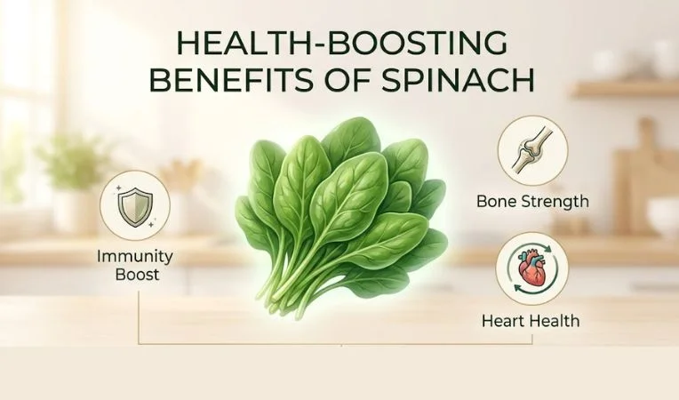 Nutritional infographic showing the health benefits of spinach: Immunity Boost, Bone Strength, and Heart Health for WeightsFits.com.