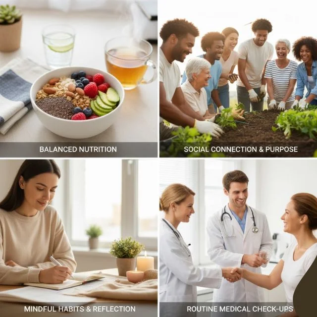 4-panel grid showing balanced nutrition, social connection, mindful habits, and routine medical check-ups for holistic wellness.