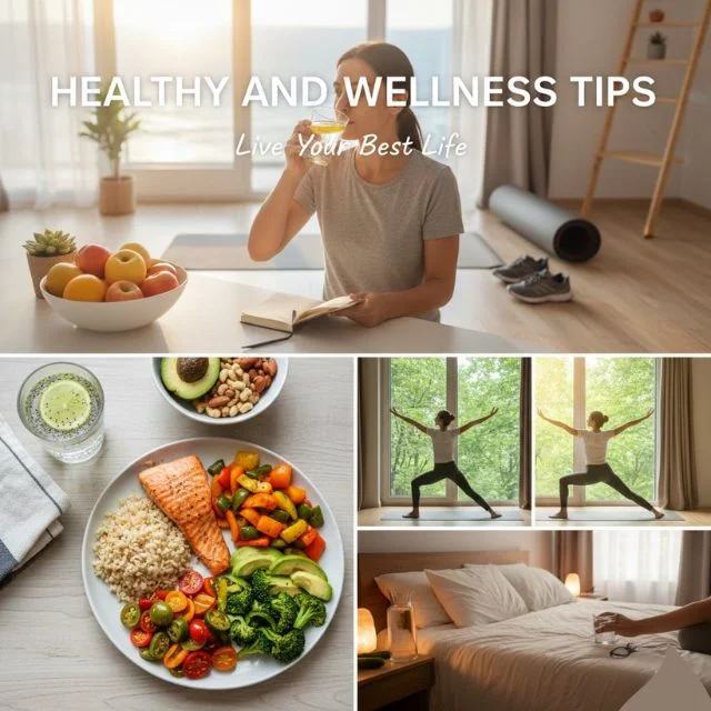 Collage of healthy and wellness tips featuring balanced food, yoga exercise, and morning hydration for a healthy lifestyle.