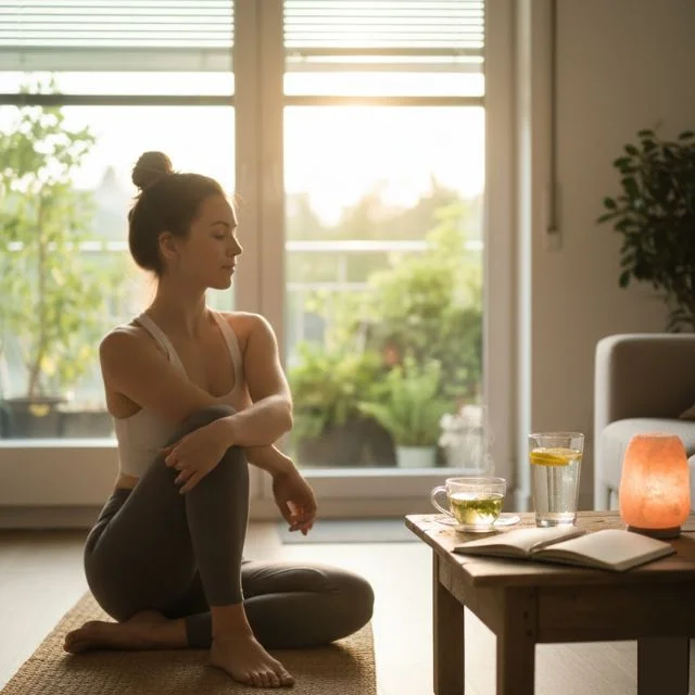 A peaceful woman practicing yoga and mindfulness in a sunlit room with herbal tea and a wellness journal.