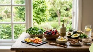 Assorted healthy foods on a rustic table in natural sunlight.