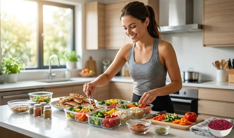 A smiling young woman in a modern kitchen preparing healthy food containers for her **weight loss meal prep** journey.