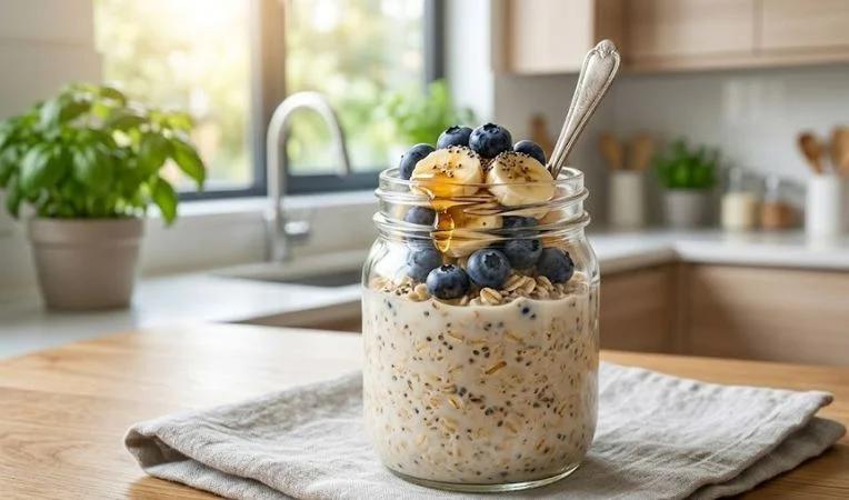 A healthy breakfast idea for **weight loss meal prep**: A glass jar of overnight oats topped with fresh blueberries, bananas, honey, and chia seeds.