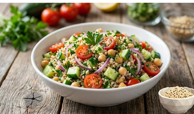 Vibrant quinoa salad with colorful vegetables in a white bowl, a simple recipe for beginner **weight loss meal prep**.
