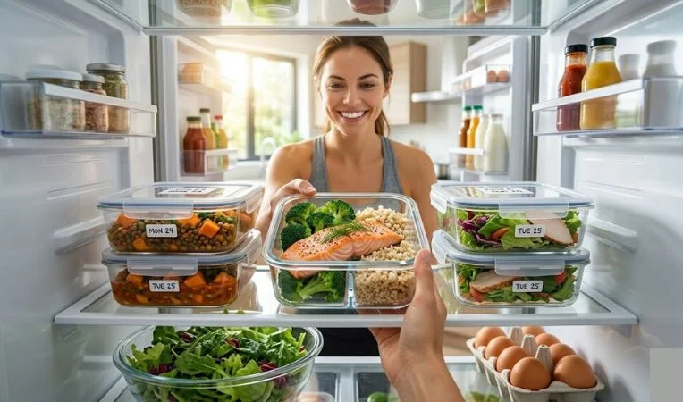 Organized, stacked glass containers filled with prepped meals (like salmon and broccoli) in a clean refrigerator for successful **weight loss meal prep**.