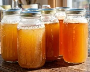 A close-up photograph of multiple glass Mason jars containing homemade apple cider with settling sediment and silver lids, resting on a rustic wooden table.