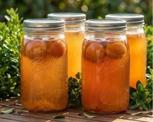 Four glass Mason jars with lids filled with whole apricots in golden cider on a wooden table, surrounded by lush green boxwood foliage, framed with a rich burnt-orange wood border