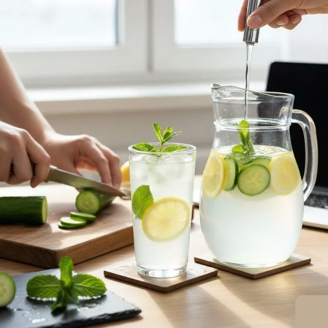 Refreshing detox water with lemon, cucumber, and mint leaves in a glass bottle on a wooden table.