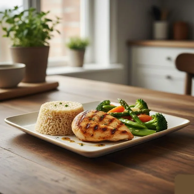 Balanced lunch plate featuring grilled chicken breast, steamed green vegetables, and brown rice.