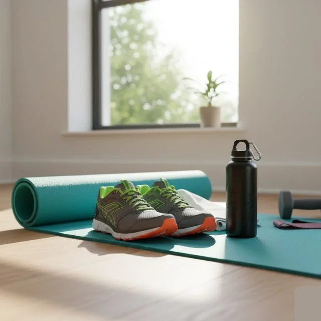 Yoga mat, running shoes, and a water bottle representing physical activity for weight loss journey.