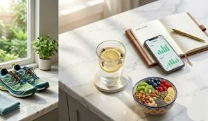 Wellness blog collage featuring a glass of lemon-clove water, a healthy berry bowl, running shoes, and soft morning light on white marble.