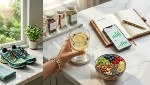 An inviting morning wellness scene featuring lemon mint water, a fruit bowl, a fitness journal, and athletic gear on a sunlit wooden table.