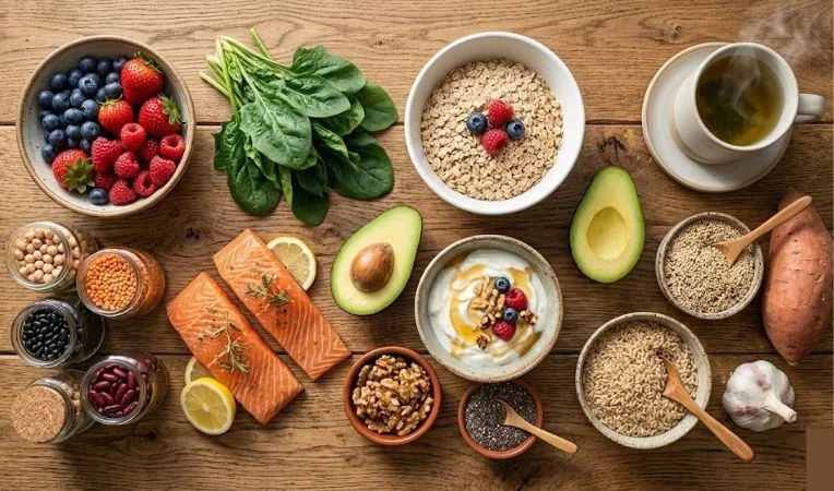 A vibrant flat-lay of 12 essential nutrient-dense foods including leafy greens, berries, salmon, avocado, and whole grains arranged on a rustic wooden table for a healthy daily diet.