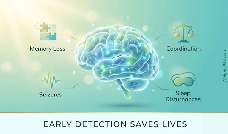 A professional medical banner for weightsfits.com showing a glowing human brain and icons for early neurological signs such as memory loss, seizures, coordination issues, and sleep disturbances. High-quality 3D illustration with a clean turquoise and gold design.