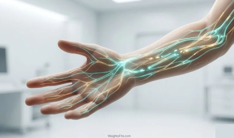 A 3D medical visualization of early symptoms of neurological disorders featuring glowing neural pathways in a human hand, representing numbness, tingling, and nerve weakness.