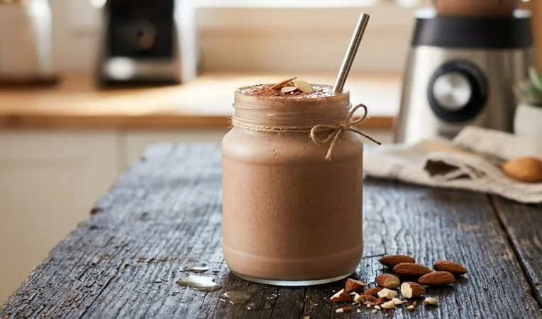 A creamy Chocolate Almond Keto Shake in a glass jar on a rustic wooden table, representing delicious and healthy low carb meal replacement shakes for weight loss.