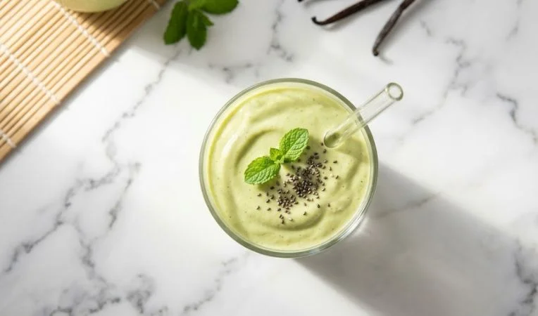Top-down view of a light green Vanilla Avocado Shake with chia seeds on a marble surface, perfect as low carb meal replacement shakes to maintain ketosis.