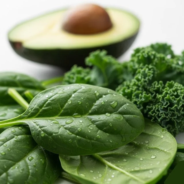 Close-up of fresh green spinach and kale leaves, highlighting nutrient-dense vegetables high in Omega-3.