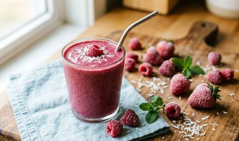 A refreshing Berry Coconut Smoothie on a blue napkin with frozen berries, illustrating fruity and energetic homemade low carb meal replacement shakes.