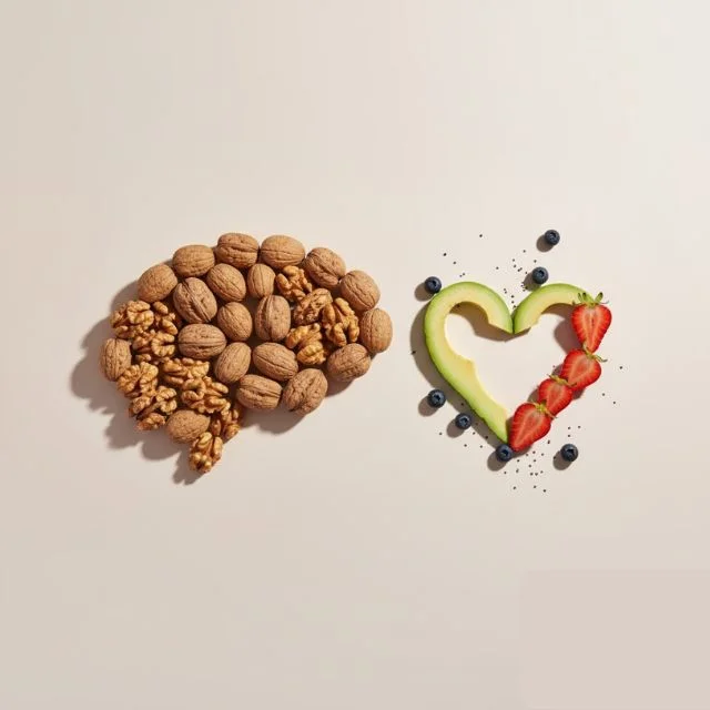 Artistic arrangement of walnuts, avocado, and berries symbolizing the brain and heart health benefits of Omega-3.