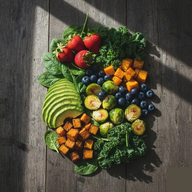 A wide-angle flat lay of various plant-based Omega-3 foods including avocado, spinach, kale, berries, and Brussels sprouts on a wooden background.