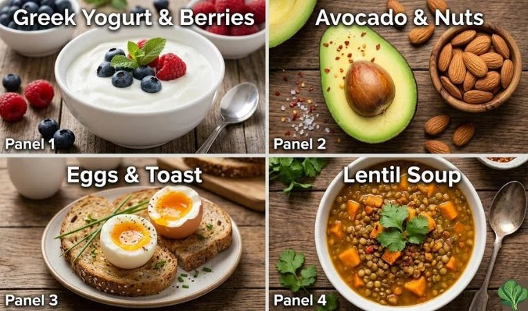 A collage of 5 power foods for weight loss including Greek yogurt with berries, halved avocado with nuts, soft-boiled eggs on whole-grain toast, and a warm bowl of lentil and sweet potato soup.