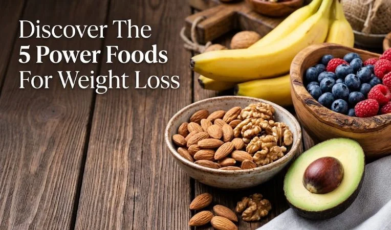 Rustic wooden table background with fresh avocado, nuts, bananas, and berries for a healthy lifestyle blog.