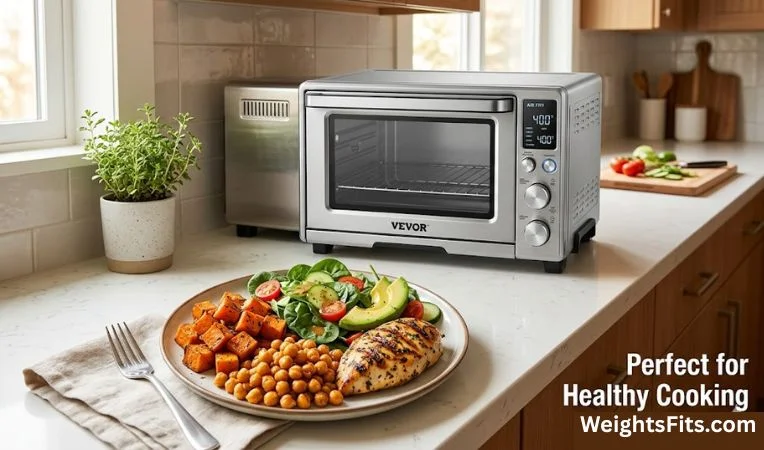 A modern kitchen counter featuring a stainless steel VEVOR Air Fryer Toaster Oven next to a healthy plate of grilled chicken, roasted sweet potatoes, crispy chickpeas, and avocado salad.