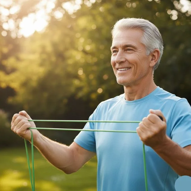 A healthy senior man with grey hair smiling while exercising with resistance bands in a sunlit garden, symbolizing vitality and muscle preservation during intermittent fasting.