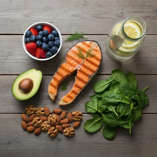 A top-down view of healthy foods on a wooden table, featuring grilled salmon, sliced avocado, fresh berries, nuts, and lemon water, essential for a balanced intermittent fasting diet.