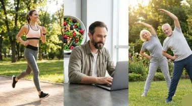 A lifestyle collage showing a young woman jogging, a middle-aged man working with a healthy salad, and a senior couple exercising outdoors to represent intermittent fasting across different ages.