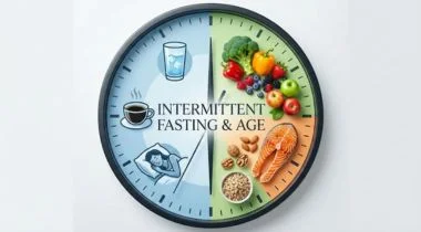 An infographic clock face split into a blue fasting window with icons of water and coffee, and a green eating window filled with fresh vegetables, salmon, and nuts.