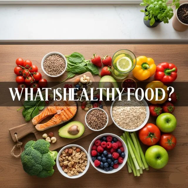 A vibrant and fresh collection of healthy foods including colorful vegetables, fruits, whole grains, salmon, and nuts, representing a balanced and nutritious diet.