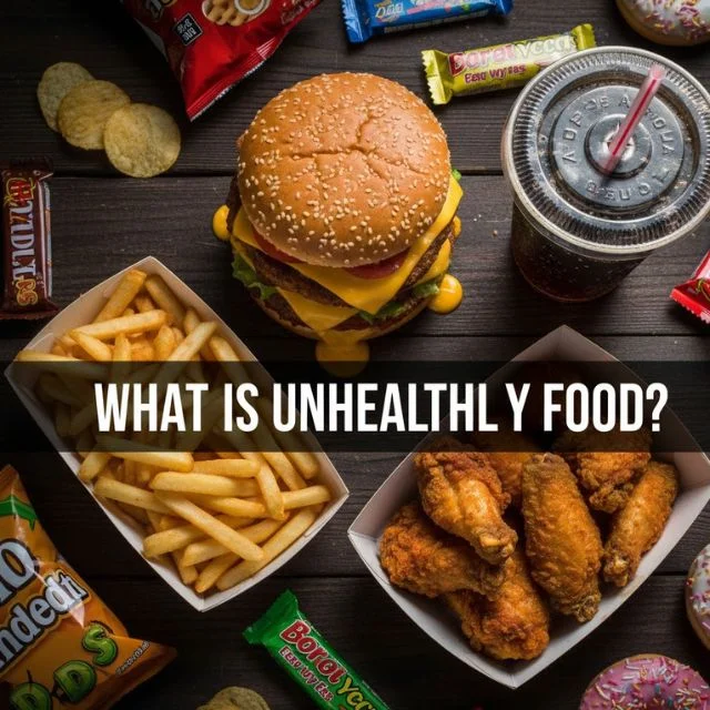 A collection of unhealthy, highly processed foods including a burger, crispy french fries, sugary soda, potato chips, and chocolate cookies.