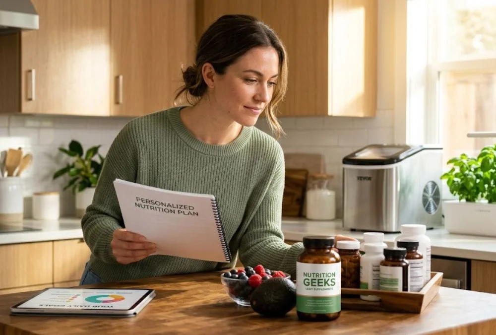 Nutrition Geeks 2026 review featuring personalized diet plans, supplement bottles, and VEVOR countertop ice maker in a modern healthy kitchen.
