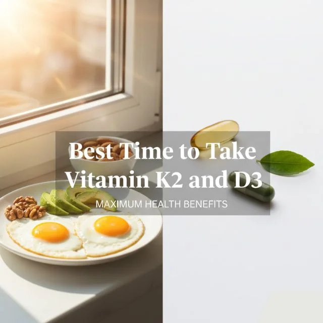 A professional lifestyle image showing Vitamin D3 and K2 supplement capsules next to a healthy breakfast with avocado and eggs, illuminated by soft morning sunlight.