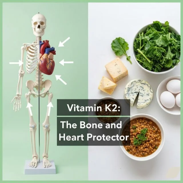 A conceptual medical illustration showing a human heart and bone structure protected by Vitamin K2, highlighting its role in cardiovascular and skeletal health.
