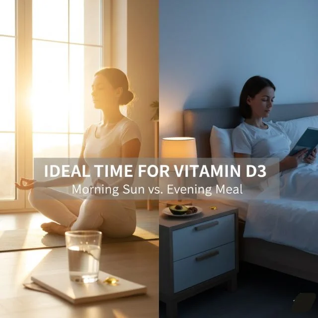 A bright morning scene featuring a sunlit window, a healthy breakfast, and Vitamin D3 supplements, symbolizing the ideal time of day for consumption to align with the body's circadian rhythm.