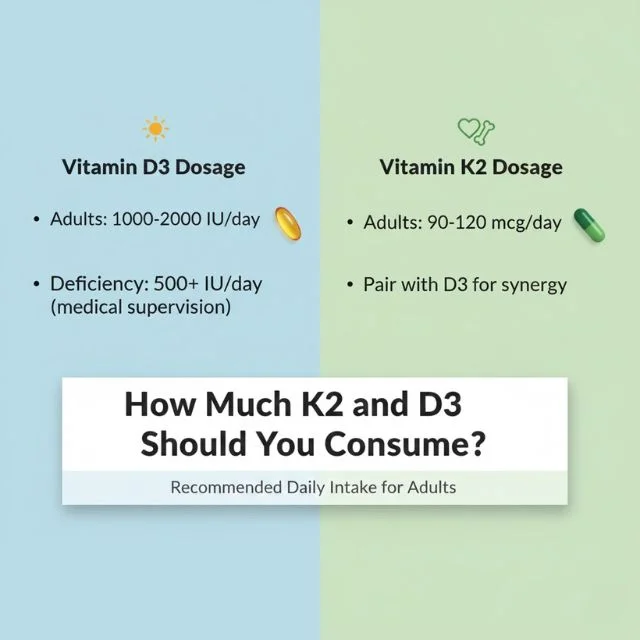 An informative medical illustration showing balanced dosages of Vitamin D3 and K2 capsules, symbolizing correct daily intake and nutritional guidance.