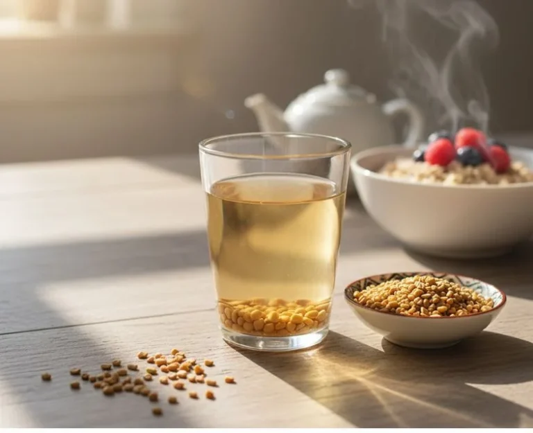 A clear glass of fenugreek water (methi seeds soaked overnight) on a bright, minimalist kitchen counter during sunrise, symbolizing a healthy morning routine and the beginning of fenugreek water benefit consumption.