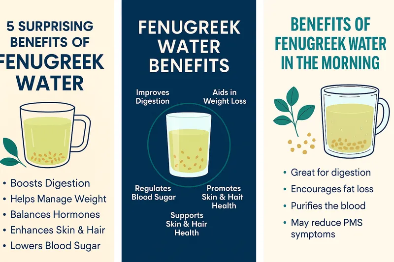 Digital illustration of fenugreek seeds with nutritional breakdown including fiber, iron, and antioxidants