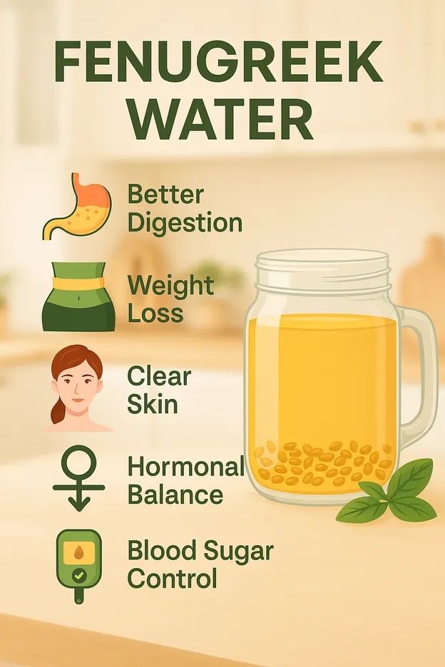 Illustration showing 5 surprising benefits of drinking fenugreek water in the morning